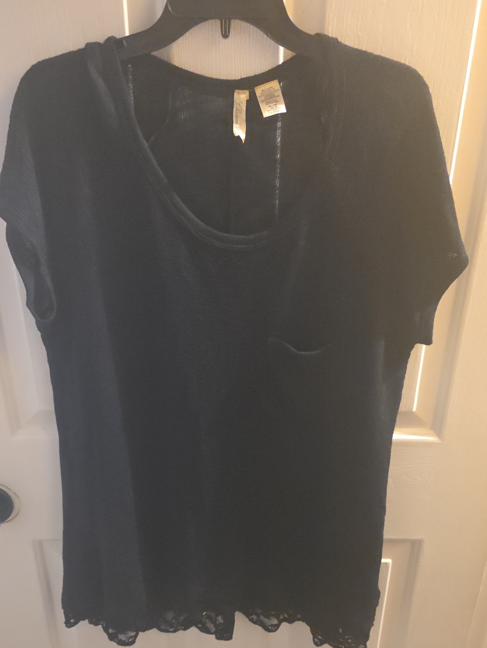 Chenault Black Short-Sleeve Knit Top With Lace Trim
